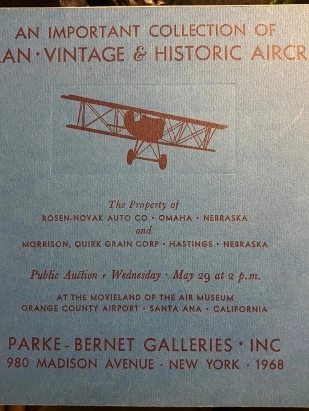 1968 Parke-Bernet Galleries Historic Aircraft Auction Catalog Sale 2714 Vintage